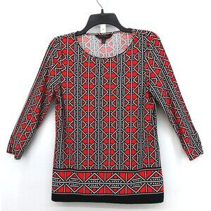 Investments Shirt Womens Size S Black Red Geometric 3/4 Sleeve Blouse Top